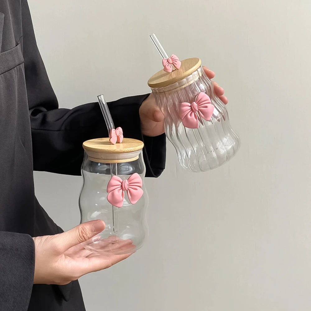 Bow-Knot Glass Cup with Lid and Straw