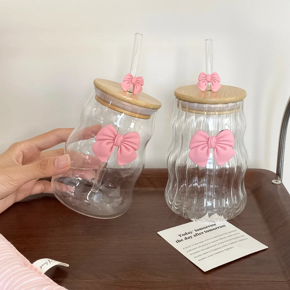 Bow-Knot Glass Cup with Lid and Straw