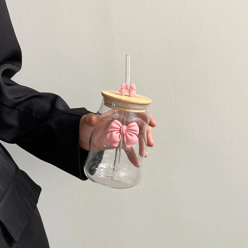 Bow-Knot Glass Cup with Lid and Straw