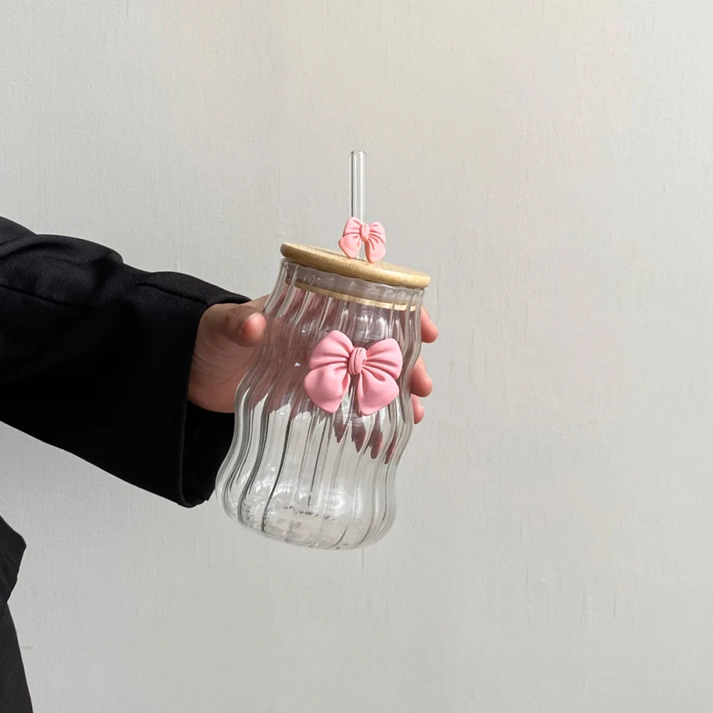Bow-Knot Glass Cup with Lid and Straw